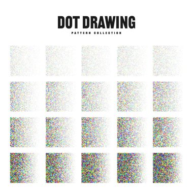 Kare şeklinde noktalı nesneler, klasik noktalı elementler. Noktalama, noktalama çizimi, noktalar kullanarak gölgeleme. Yarı ton etkisi. Renkli gürültü tanecikli doku, desen. Vektör illüstrasyonu