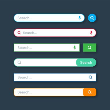 Renkli arama çubuğu şablonları. Arama kutusu, adres çubuğu ve metin alanı olan internet tarayıcı motoru. Kullanıcı tasarımı, web arayüzü ögesi web simgeleri ve düğmeye basın. Vektör illüstrasyonu.