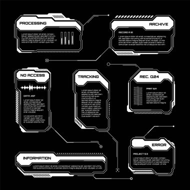 Beyaz fütüristik İYİ, UI elementleri. Bilim kurgu kullanıcı arayüzü mesaj kutuları, çağrılar. Uyarı ileti çerçeveleri, bilgi kutuları şablonu. Modern oyun arayüzü düzeni dijital stilde. Vektör illüstrasyonu.