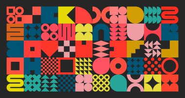Basit şekilli geometrik doku, semboller. Renkli ilkel elementler ve formlar. Bauhaus retro tasarımı, modaya uygun çağdaş minimalist tarzı. Vektör illüstrasyonu.