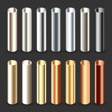 Çelik ve bakır boru koleksiyonu. İnşaat malzemeleri, boru hattı. Endüstri ve mühendislik. Gümüş gradyan ile cilalanmış metal dokusu. Vektör illüstrasyonu.