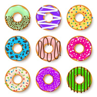 Donut, kremalı begel. Kurabiye, kek seti. Şekerli ve karamelli tatlı. Lezzetli bir kahvaltı. Kafeterya yemeği, atıştırmalık. Kahve dükkanı. Vektör illüstrasyonu.