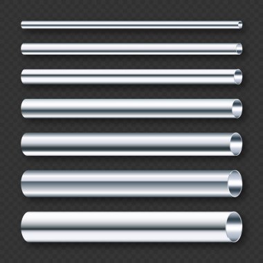 Çelik boru koleksiyonu. İnşaat malzemeleri, boru hattı. Endüstri ve mühendislik. Gümüş gradyan ile cilalanmış metal dokusu. Vektör illüstrasyonu.