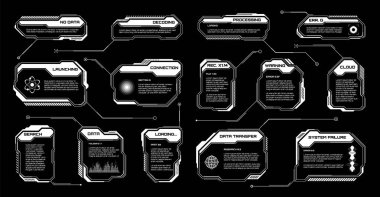 Beyaz fütüristik İYİ, UI elementleri. Bilim kurgu kullanıcı arayüzü mesaj kutuları, çağrılar. Uyarı ileti çerçeveleri, bilgi kutuları şablonu. Modern oyun arayüzü düzeni dijital stilde. Vektör illüstrasyonu.