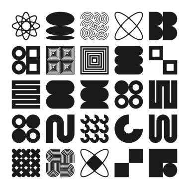 Acımasız geometrik şekiller, semboller. Basit ilkel elementler ve formlar. Bauhaus retro tasarımı, modaya uygun çağdaş minimalist tarzı. Vektör illüstrasyonu.