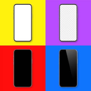 Renkli arka planda boş dokunmatik ekranlı gerçekçi bir akıllı telefon. Ön görüntüde çerçevesiz cep telefonu var. Yüksek kalite detaylı cihaz modeli. Vektör illüstrasyonu.