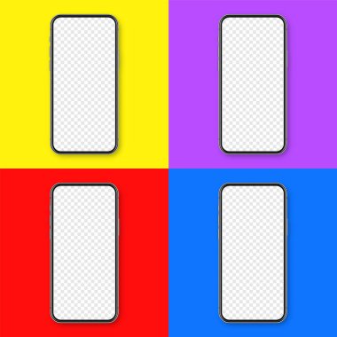 Renkli arka planda boş dokunmatik ekranlı gerçekçi bir akıllı telefon. Ön görüntüde çerçevesiz cep telefonu var. Yüksek kalite detaylı cihaz modeli. Vektör illüstrasyonu.