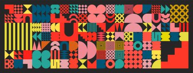 Basit şekilli geometrik doku, semboller. Renkli ilkel elementler ve formlar. Bauhaus retro tasarımı, modaya uygun çağdaş minimalist tarzı. Vektör illüstrasyonu.