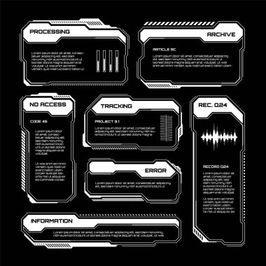 Beyaz fütüristik İYİ, UI elementleri. Bilim kurgu kullanıcı arayüzü mesaj kutuları, çağrılar. Uyarı ileti çerçeveleri, bilgi kutuları şablonu. Modern oyun arayüzü düzeni dijital stilde. Vektör illüstrasyonu.
