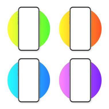 Renkli arka planda boş dokunmatik ekranlı gerçekçi bir akıllı telefon. Ön görüntüde çerçevesiz cep telefonu var. Yüksek kalite detaylı cihaz modeli. Vektör illüstrasyonu.