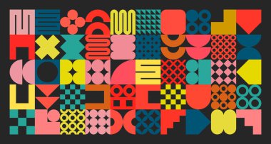 Basit şekilli geometrik doku, semboller. Renkli ilkel elementler ve formlar. Bauhaus retro tasarımı, modaya uygun çağdaş minimalist tarzı. Vektör illüstrasyonu.