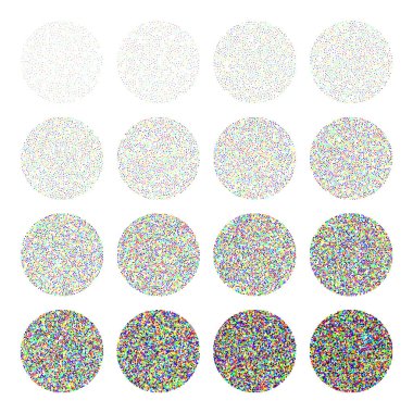 Yuvarlak şekilli noktalı nesneler, klasik noktalı elementler. Gittikçe azalıyor. Noktalama, noktalama çizimi, noktalar kullanarak gölgeleme. Renkli ayrışma etkisi. Gürültülü kütle dokusu. Vektör illüstrasyonu.