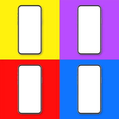 Renkli arka planda boş dokunmatik ekranlı gerçekçi bir akıllı telefon. Ön görüntüde çerçevesiz cep telefonu var. Yüksek kalite detaylı cihaz modeli. Vektör illüstrasyonu.