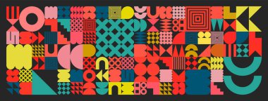 Basit şekilli geometrik doku, semboller. Renkli ilkel elementler ve formlar. Bauhaus retro tasarımı, modaya uygun çağdaş minimalist tarzı. Vektör illüstrasyonu.