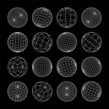 Kablo çerçeve şekilleri, çizgili küre. Perspektif ağı, 3 boyutlu ızgara. Düşük polimetrik elementler. Retro gelecek tasarım elementleri, y2k, buhar dalgası ve sentetik dalga tarzı. Vektör illüstrasyonu.