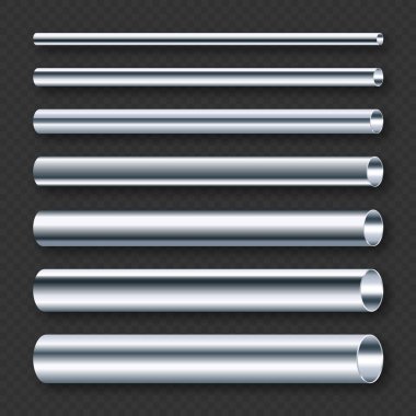 Çelik boru koleksiyonu. İnşaat malzemeleri, boru hattı. Endüstri ve mühendislik. Gümüş gradyan ile cilalanmış metal dokusu. Vektör illüstrasyonu.