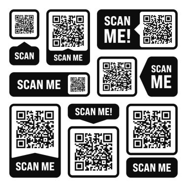 QR kod etiketini tara. Çevrimiçi ödeme. Özel indirim etiketleri, indirim etiketleri ya da promosyon rozeti. Seri numarası, ürün kimliği. Süpermarket perakende etiketi, fiyat etiketi. Vektör illüstrasyonu.