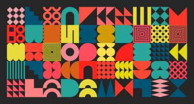 Basit şekilli geometrik doku, semboller. Renkli ilkel elementler ve formlar. Bauhaus retro tasarımı, modaya uygun çağdaş minimalist tarzı. Vektör illüstrasyonu.