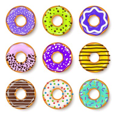 Donut, kremalı begel. Kurabiye, kek seti. Şekerli ve karamelli tatlı. Lezzetli bir kahvaltı. Kafeterya yemeği, atıştırmalık. Kahve dükkanı. Vektör illüstrasyonu.