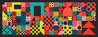 Basit şekilli geometrik doku, semboller. Renkli ilkel elementler ve formlar. Bauhaus retro tasarımı, modaya uygun çağdaş minimalist tarzı. Vektör illüstrasyonu.