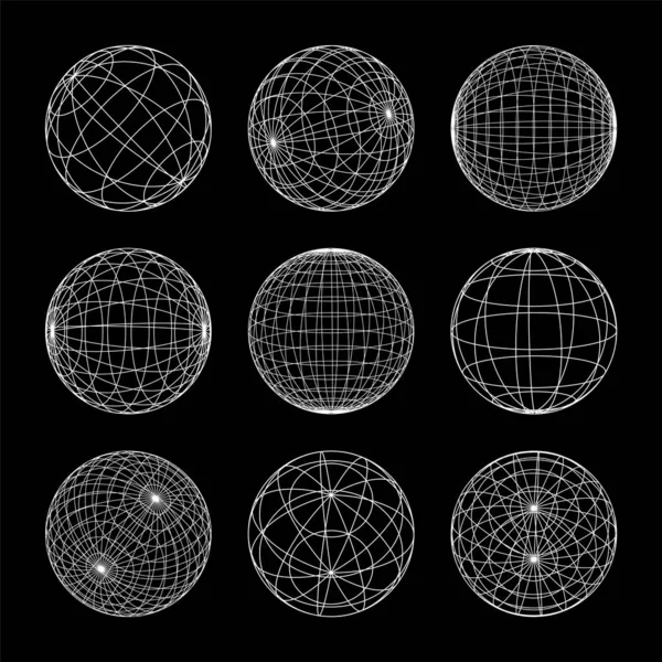 Kablo çerçeve şekilleri, çizgili küre. Perspektif ağı, 3 boyutlu ızgara. Düşük polimetrik elementler. Retro gelecek tasarım elementleri, y2k, buhar dalgası ve sentetik dalga tarzı. Vektör illüstrasyonu.