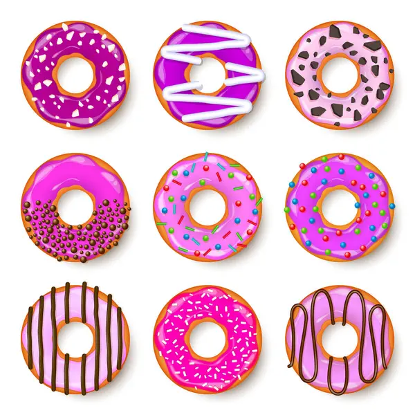 Donut, kremalı begel. Kurabiye, kek seti. Şekerli ve karamelli tatlı. Lezzetli bir kahvaltı. Kafeterya yemeği, atıştırmalık. Kahve dükkanı. Vektör illüstrasyonu.