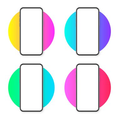 Renkli arka planda boş dokunmatik ekranlı gerçekçi bir akıllı telefon. Ön görüntüde çerçevesiz cep telefonu var. Yüksek kalite detaylı cihaz modeli. Vektör illüstrasyonu.