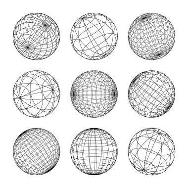 Kablo çerçeve şekilleri, çizgili küre. Perspektif ağı, 3 boyutlu ızgara. Düşük polimetrik elementler. Retro gelecek tasarım elementleri, y2k, buhar dalgası ve sentetik dalga tarzı. Vektör illüstrasyonu.