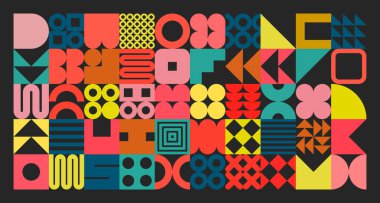 Basit şekilli geometrik doku, semboller. Renkli ilkel elementler ve formlar. Retro tasarım, modaya uygun çağdaş minimalist tarz. Vektör illüstrasyonu.