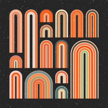 Orta çağ elementleri, modern geometrik şekiller, grunge gökkuşağı. Çağdaş tasarım, minimalist sanat. Duvar dekorasyonu, posterler, kitaplar, kapaklar ve el ilanları için moda tasarım öğeleri. Vektör illüstrasyonu.