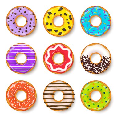 Donut, kremalı begel. Kurabiye, kek seti. Şekerli ve karamelli tatlı. Lezzetli bir kahvaltı. Kafeterya yemeği, atıştırmalık. Kahve dükkanı. Vektör illüstrasyonu.