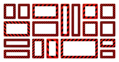 Çapraz çizgileri olan çeşitli boş uyarı işaretleri. Sarı dikkat, tehlike ya da uyarı işareti, inşaat alanı işareti. Gerçekçi uyarı panosu, uyarı panosu, yol kalkanı. Vektör illüstrasyonu.