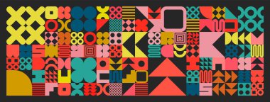 Basit şekilli geometrik doku, semboller. Renkli ilkel elementler ve formlar. Retro tasarım, modaya uygun çağdaş minimalist tarz. Vektör illüstrasyonu.