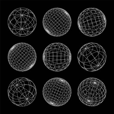 Kablo çerçeve şekilleri, çizgili küre. Perspektif ağı, 3 boyutlu ızgara. Düşük polimetrik elementler. Retro gelecek tasarım elementleri, y2k, buhar dalgası ve sentetik dalga tarzı. Vektör illüstrasyonu.