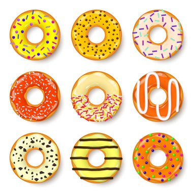 Donut, kremalı begel. Kurabiye, kek seti. Şekerli ve karamelli tatlı. Lezzetli bir kahvaltı. Kafeterya yemeği, atıştırmalık. Kahve dükkanı. Vektör illüstrasyonu.