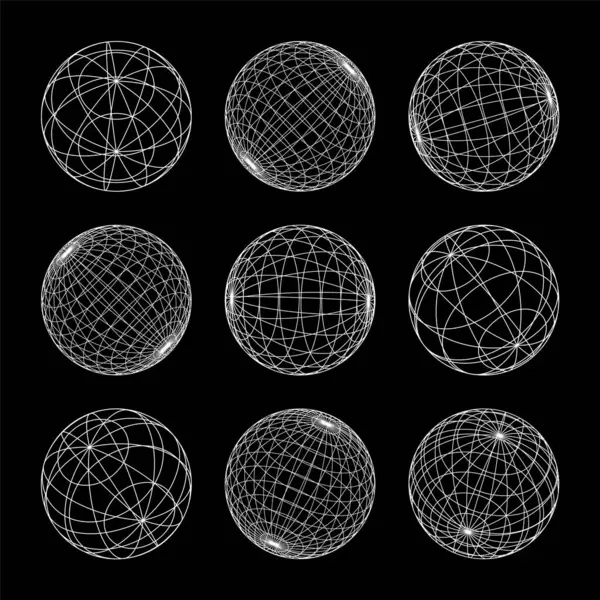 Kablo çerçeve şekilleri, çizgili küre. Perspektif ağı, 3 boyutlu ızgara. Düşük polimetrik elementler. Retro gelecek tasarım elementleri, y2k, buhar dalgası ve sentetik dalga tarzı. Vektör illüstrasyonu.