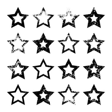 Çatlak ve lekeli klasik yıldızlar. Eski el yazısıyla çizilmiş, siyah basit bir şekil. Retro tasarım elementi sıkıntılı efekt, grunge doku. Vektör illüstrasyonu.