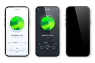 Çevrimiçi ses oynatıcı arayüzü, akıllı telefon uygulaması UI tasarımı. Müzik, medya yayını ve dinleme platformu. Tepkili mobil uygulama. Neumorphism, neumorphic style. Vektör illüstrasyonu