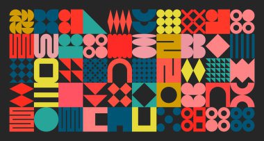 Basit şekilli geometrik doku, semboller. Renkli ilkel elementler ve formlar. Retro tasarım, modaya uygun çağdaş minimalist tarz. Vektör illüstrasyonu.