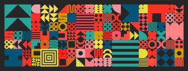 Basit şekilli geometrik doku, semboller. Renkli ilkel elementler ve formlar. Retro tasarım, modaya uygun çağdaş minimalist tarz. Vektör illüstrasyonu.