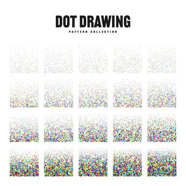 Kare şeklinde noktalı nesneler, klasik noktalı elementler. Noktalama, noktalama çizimi, noktalar kullanarak gölgeleme. Yarı ton etkisi. Renkli gürültü tanecikli doku, desen. Vektör illüstrasyonu