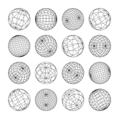 Kablo çerçeve şekilleri, çizgili küre. Perspektif ağı, 3 boyutlu ızgara. Düşük polimetrik elementler. Retro gelecek tasarım elementleri, y2k, buhar dalgası ve sentetik dalga tarzı. Vektör illüstrasyonu.