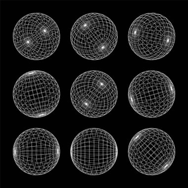 Kablo çerçeve şekilleri, çizgili küre. Perspektif ağı, 3 boyutlu ızgara. Düşük polimetrik elementler. Retro gelecek tasarım elementleri, y2k, buhar dalgası ve sentetik dalga tarzı. Vektör illüstrasyonu.
