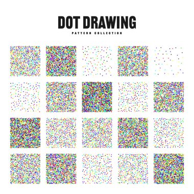 Kare şeklinde noktalı nesneler, klasik noktalı elementler. Noktalama, noktalama çizimi, noktalar kullanarak gölgeleme. Yarı ton etkisi. Renkli gürültü tanecikli doku, desen. Vektör illüstrasyonu