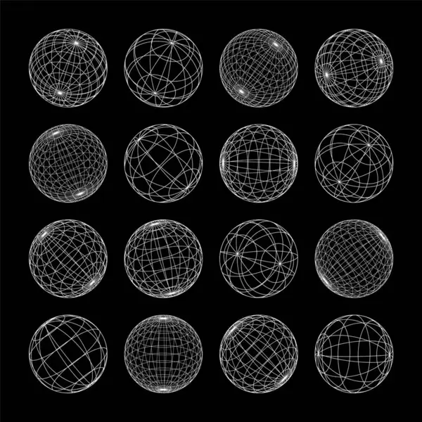 Kablo çerçeve şekilleri, çizgili küre. Perspektif ağı, 3 boyutlu ızgara. Düşük polimetrik elementler. Retro gelecek tasarım elementleri, y2k, buhar dalgası ve sentetik dalga tarzı. Vektör illüstrasyonu.