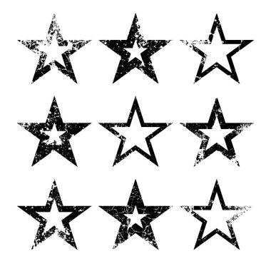Çatlak ve lekeli klasik yıldızlar. Eski el yazısıyla çizilmiş, siyah basit bir şekil. Retro tasarım elementi sıkıntılı efekt, grunge doku. Vektör illüstrasyonu.
