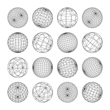 Kablo çerçeve şekilleri, çizgili küre. Perspektif ağı, 3 boyutlu ızgara. Düşük polimetrik elementler. Retro gelecek tasarım elementleri, y2k, buhar dalgası ve sentetik dalga tarzı. Vektör illüstrasyonu.