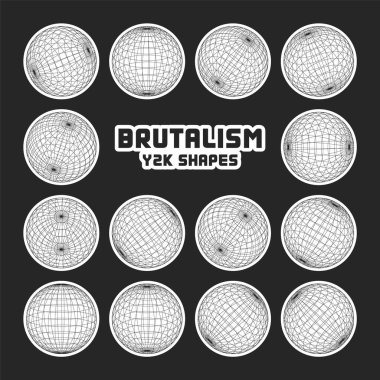 Kablo çerçeve şekilleri, çizgili küre. Perspektif ağı, 3 boyutlu ızgara. Modern trend düşük polimetrik elementler. Retro gelecek tasarım elementleri, y2k, buhar dalgası ve sentetik dalga tarzı. Vektör illüstrasyonu.