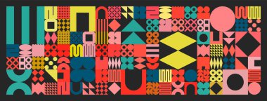 Basit şekilli geometrik doku, semboller. Renkli ilkel elementler ve formlar. Retro tasarım, modaya uygun çağdaş minimalist tarz. Vektör illüstrasyonu.