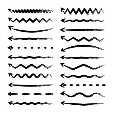 Grunge el okları, fosforlu çizgiler. İşaret vuruşu, fırça darbesi, altı çizili kalem. El yazısı metin işaretleri, notlar, notlar. Vektör illüstrasyonu.